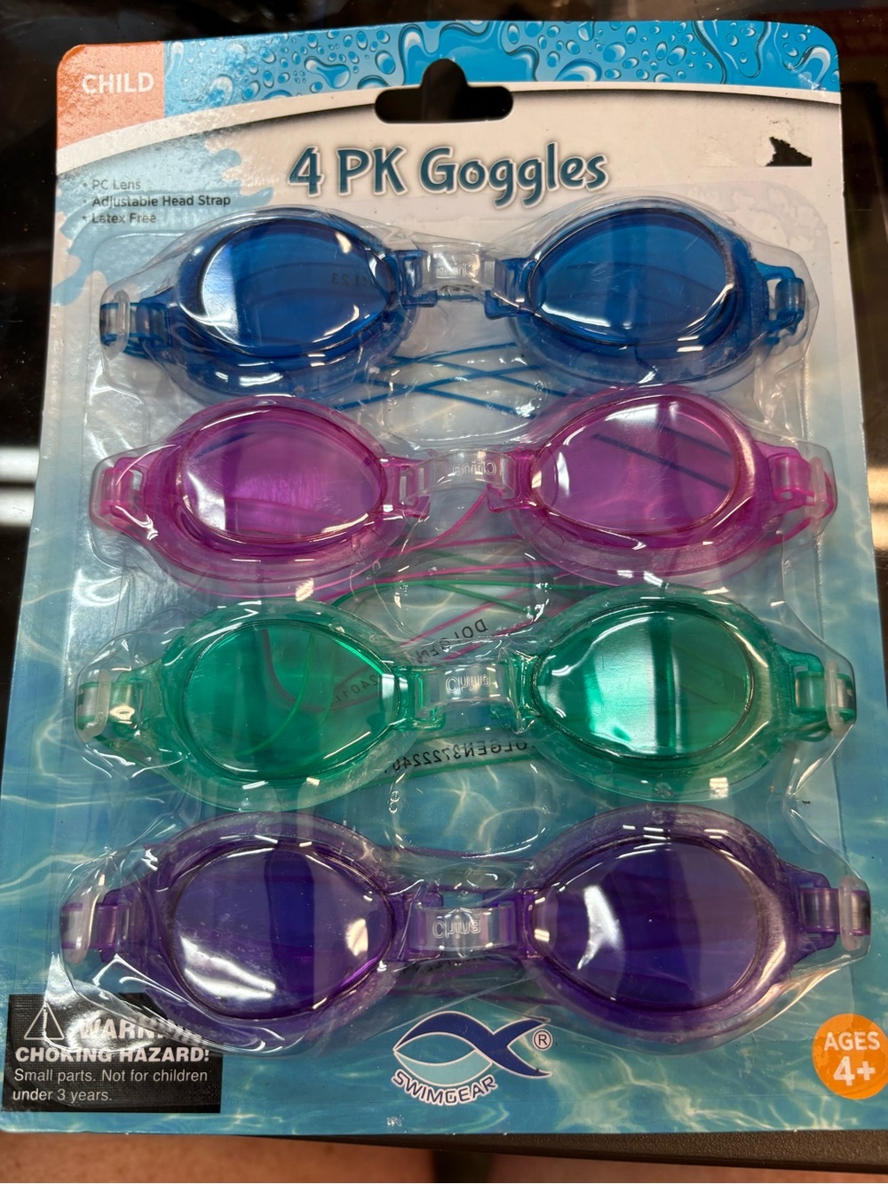4-Pack Kids Swim Goggles - Blue, Pink, Green, Purple & Dive Gems
